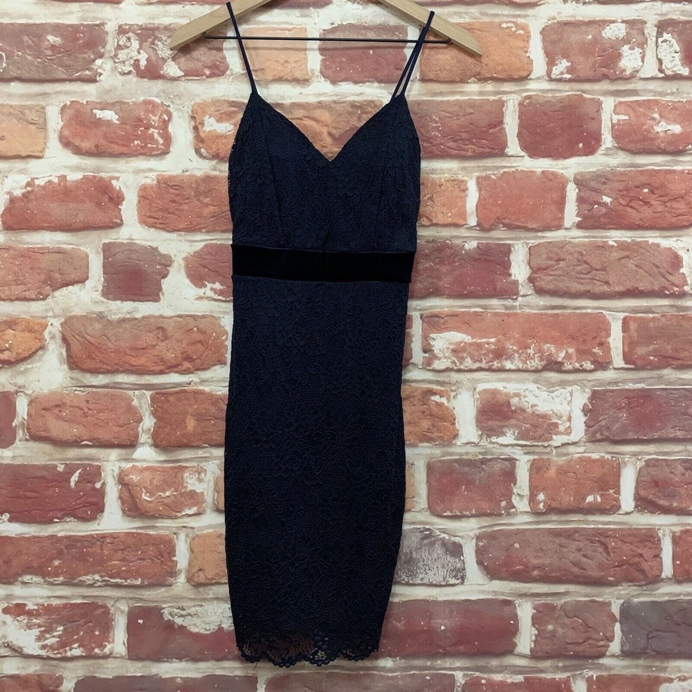 Olive Tree Dress Women's Medium Dark Blue Floral Lace Velvet Velour Trim Waist